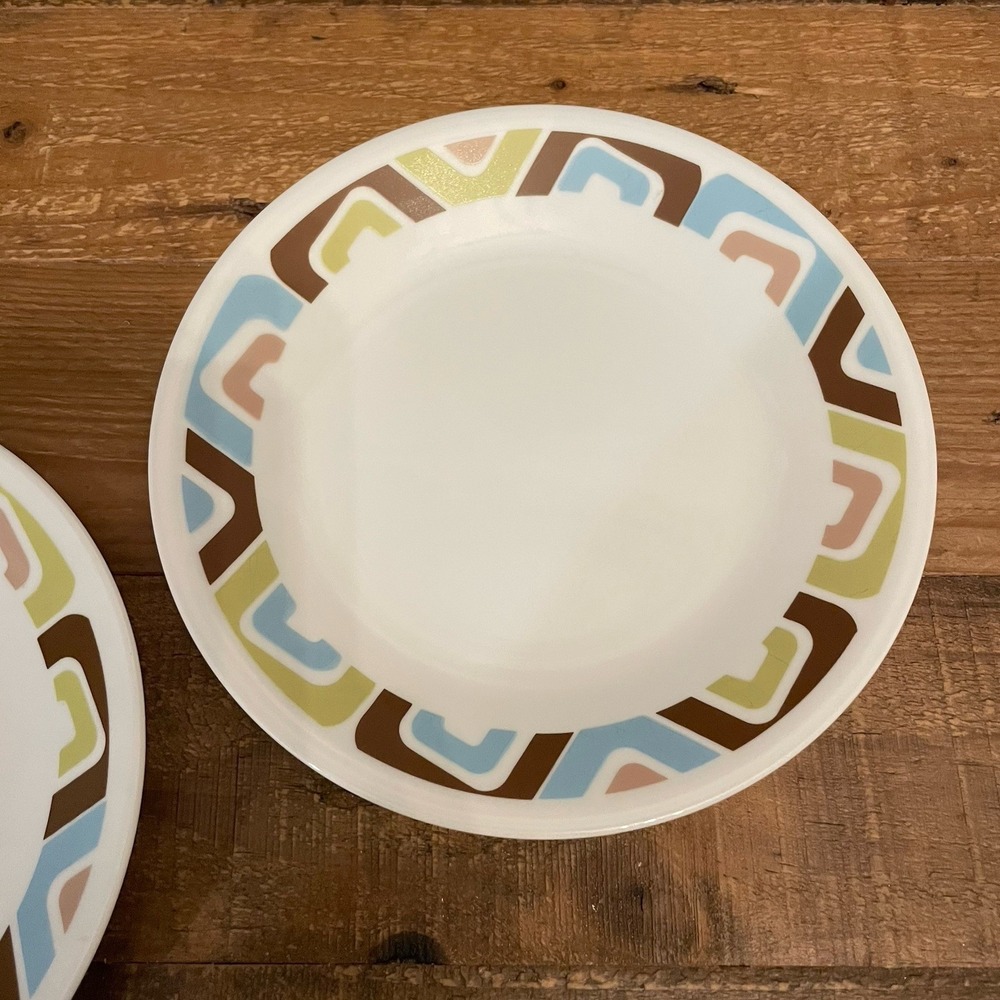 2 CORELLE 6.75" Bread & Butter SQUARED Blue Brown Green Geometric White Plates